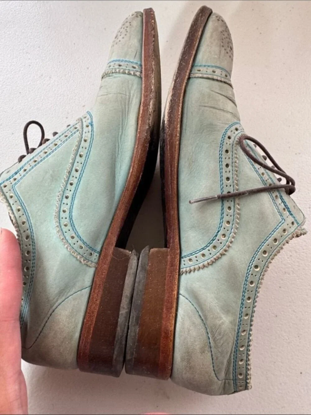 John Fluevog Gateway Oxfords Mint Blue Leather Brogue Shoes Sz M 4.5 Art Chic